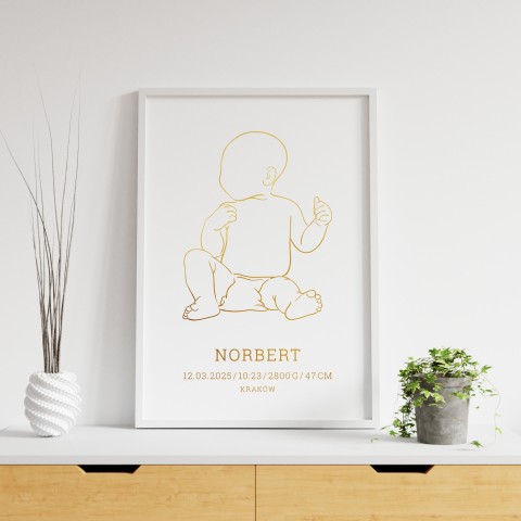 Minimalistyczna metryczka dla dziecka ze złoceniem i szkicowanym niemowlakiem - Golden golden Sketch III